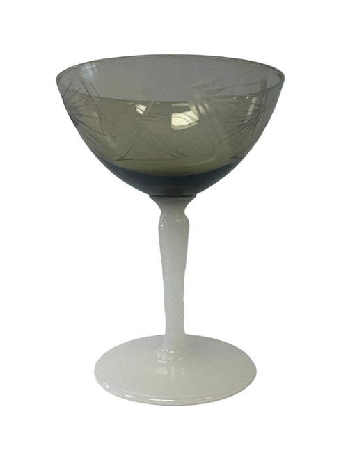 c. 1930’s Maker Unknown, Smoke Champagne Coupe with etched wheat motif and milk glass stem, Japan