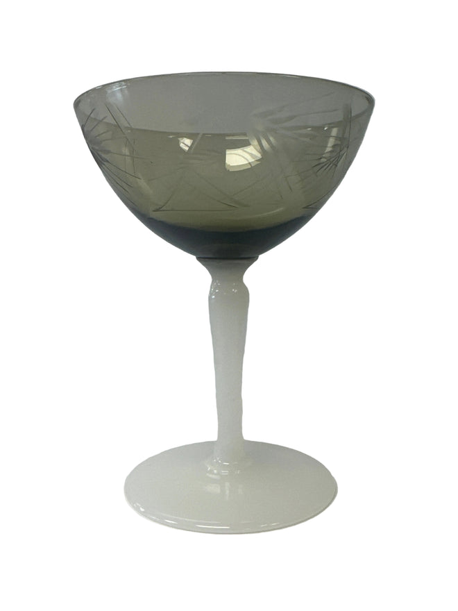 c. 1930’s Maker Unknown, Smoke Champagne Coupe with etched wheat motif and milk glass stem, Japan